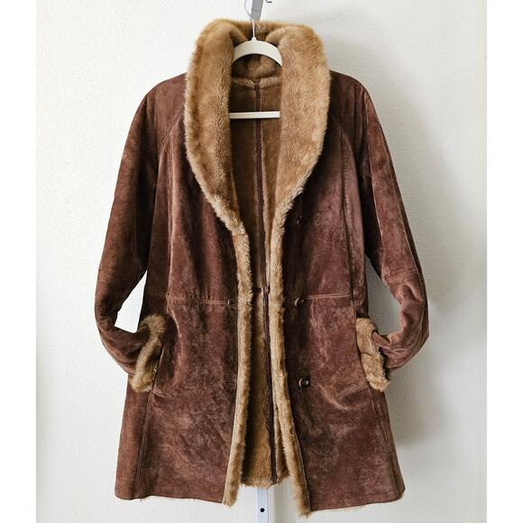 LNR La Nouvelle Rennaissance Penny Lane Brown Suede Faux Fur Button Coat Sz M - Picture 2 of 16